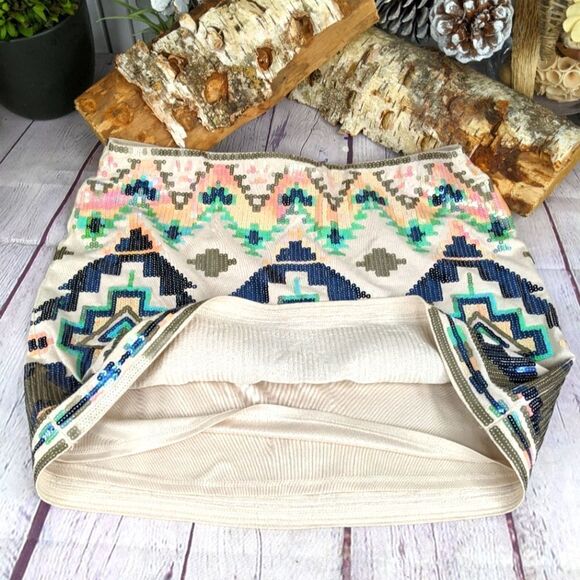 Express Aztec Sequin Embellished Fully Lined Mini Skirt - Picture 5 of 14